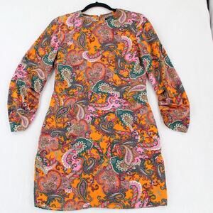 Code Mode Paisley Mini Dress Woman’s Small Orange Pink Mod Retro 3/4 Sleeve